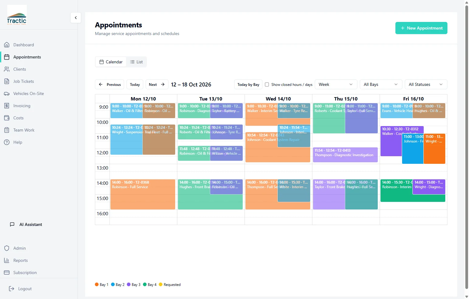 GarageWizz Appointments calendar showing a working week of colour-coded bookings across four bays