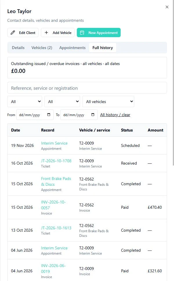 Customer record in GarageWizz with the Full history tab listing linked appointments, job tickets and invoices, with status and amount for each
